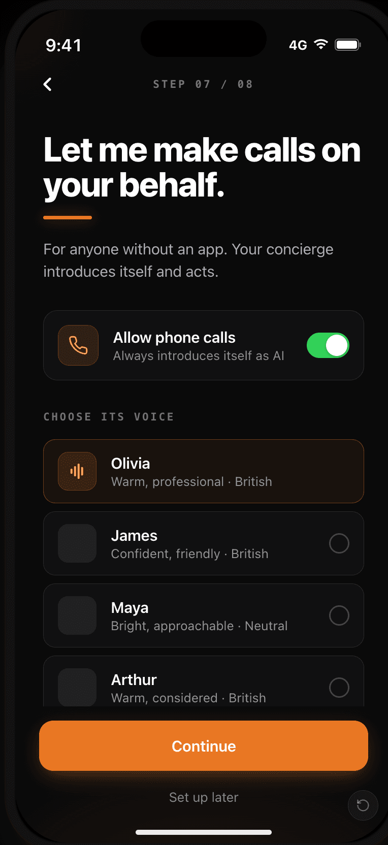 Concierge — onboarding, choose its voice